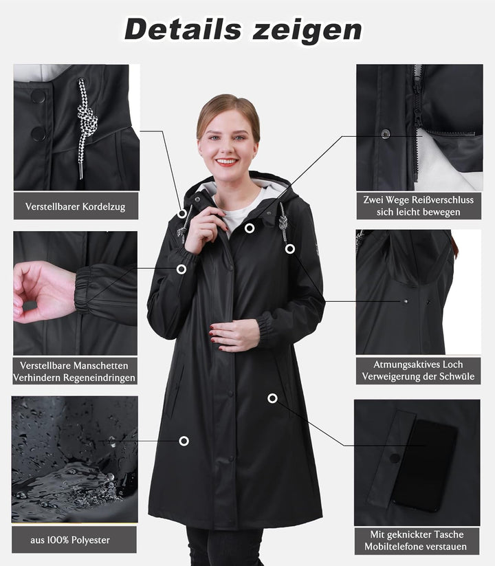 Damen Regenjacke Regenmantel Softshelljacke Friesennerz Parka PU Windbreaker mit Kapuze wasserdicht