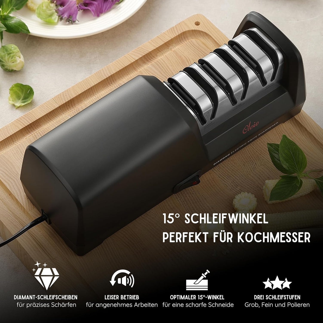 Messerschärfer elektrisch - 3-Stufen Diamant Messer schärfen - Grob, Fein & Polieren - 15° Winkel -
