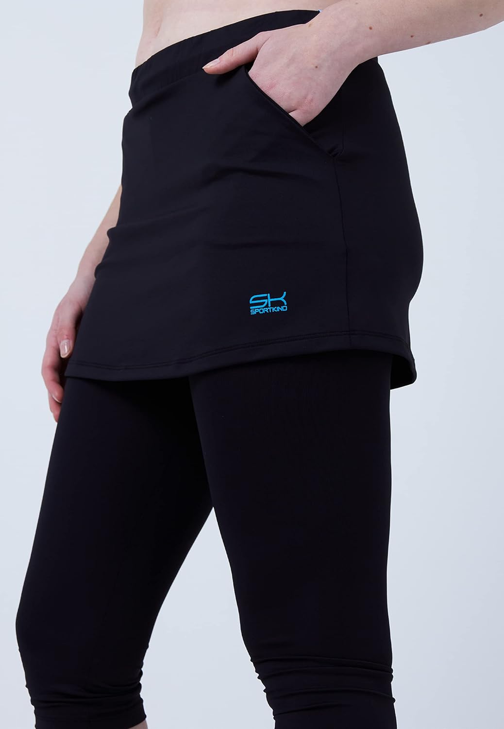 Sportkind Mädchen &amp; Damen 2-in-1 Tennisrock mit Taschen &amp; 3/4 Capri Leggings, Laufrock, Yogahose mit