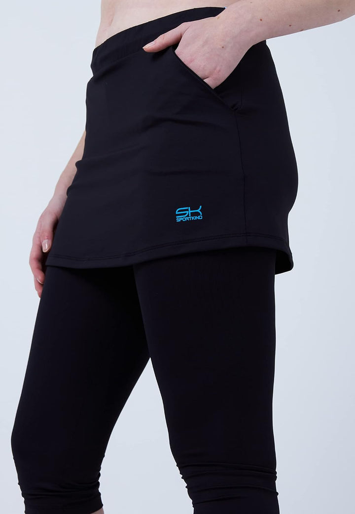 Sportkind Mädchen &amp; Damen 2-in-1 Tennisrock mit Taschen &amp; 3/4 Capri Leggings, Laufrock, Yogahose mit