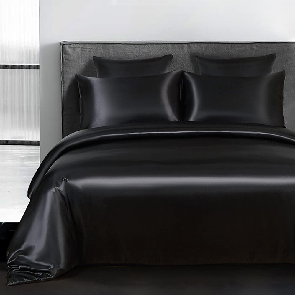 Omela Satin Bettwäsche Set 135x200 Schwarz Einfarbig Unifarben Glatt Bettbezug mit Reissverschluss 2
