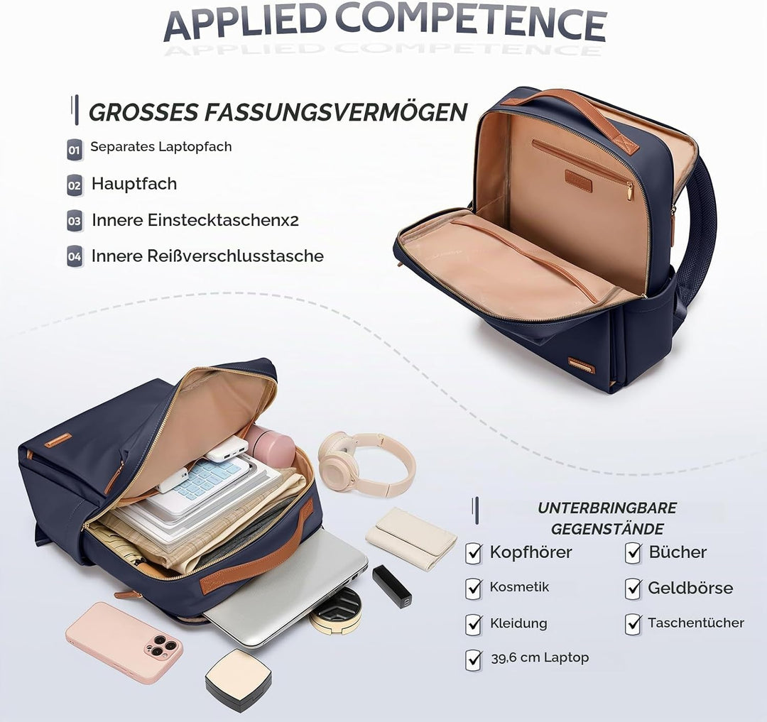 Rucksack Damen Laptop Reise Schulrucksack 15.6 Zoll mit Laptopfach, Wasserdicht Multifunktionaler Lä