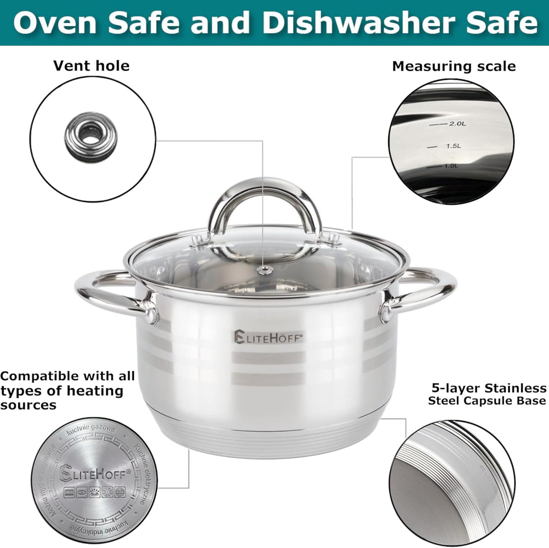 EliteHoff 12-Teilig Induktion Kochtopf-Set, 5-lagig Edelstahl Kochtopf, 6er Set Töpfe mit Deckeln, f