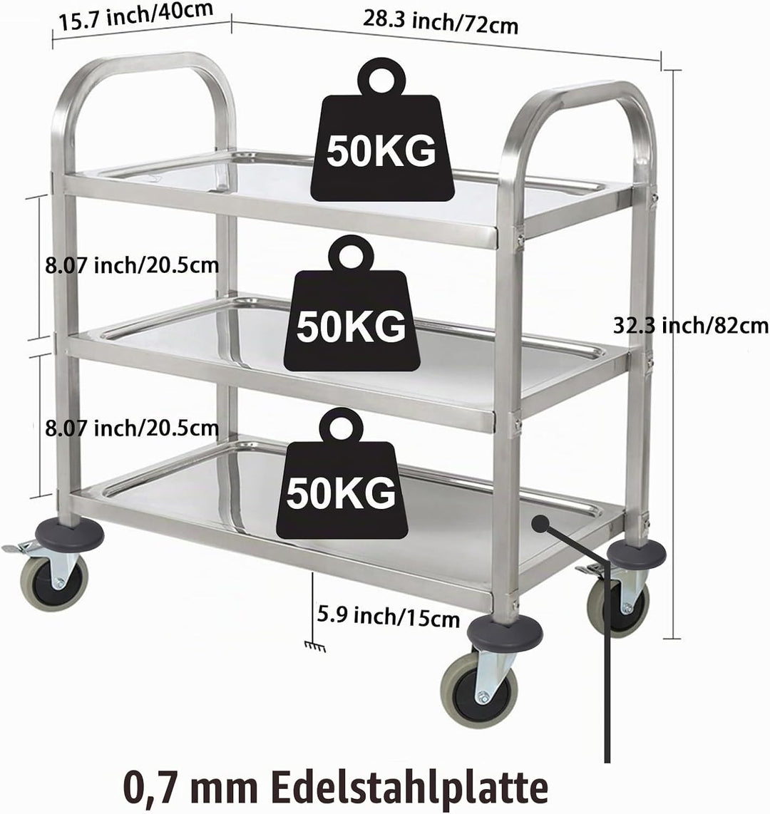 HLC Servierwagen Edelstahl 3 Ebenen Rollwagen Küchenwagen mit 4 Fixierbare Leichtgängige Vollgummi R