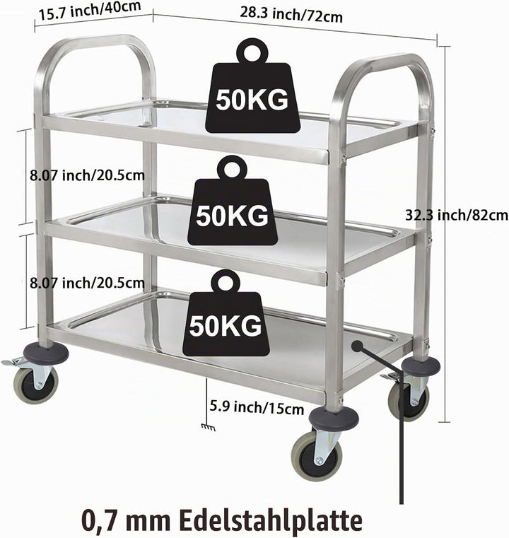 HLC Servierwagen Edelstahl 3 Ebenen Rollwagen Küchenwagen mit 4 Fixierbare Leichtgängige Vollgummi R