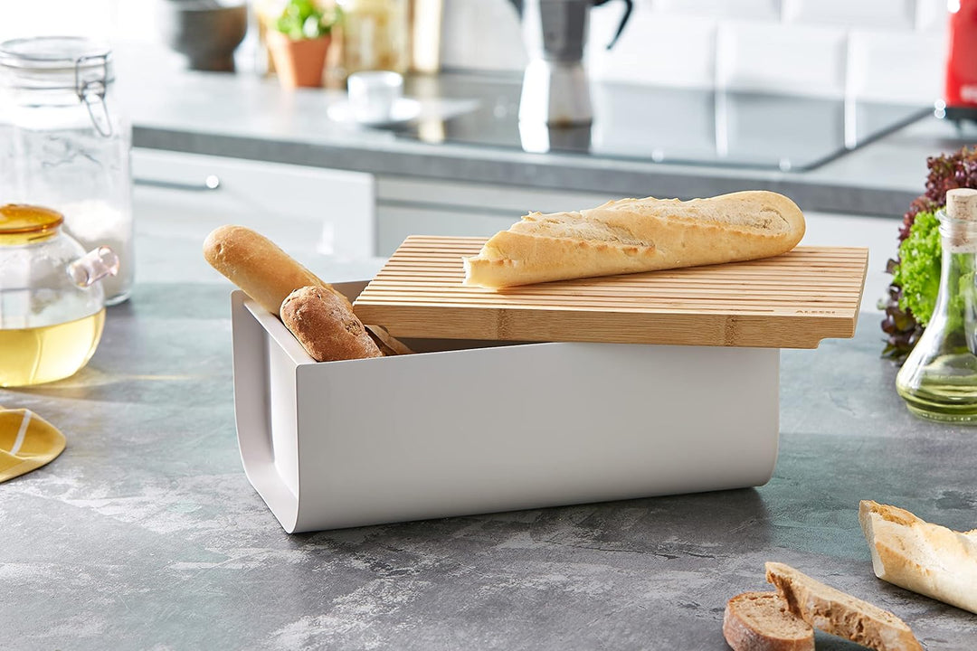Alessi Mattina BG03 WG - Brotkasten aus Edelstahlstahl mit Epixidharz und Bambusholz, Warm Grey One