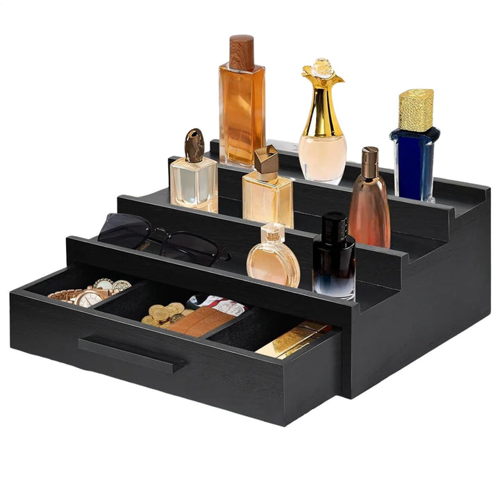 Parfümregal Organizer - Dreischichtiger Holzdufthalter, Schubladen Displayregal | Schwarzes Parfüm,