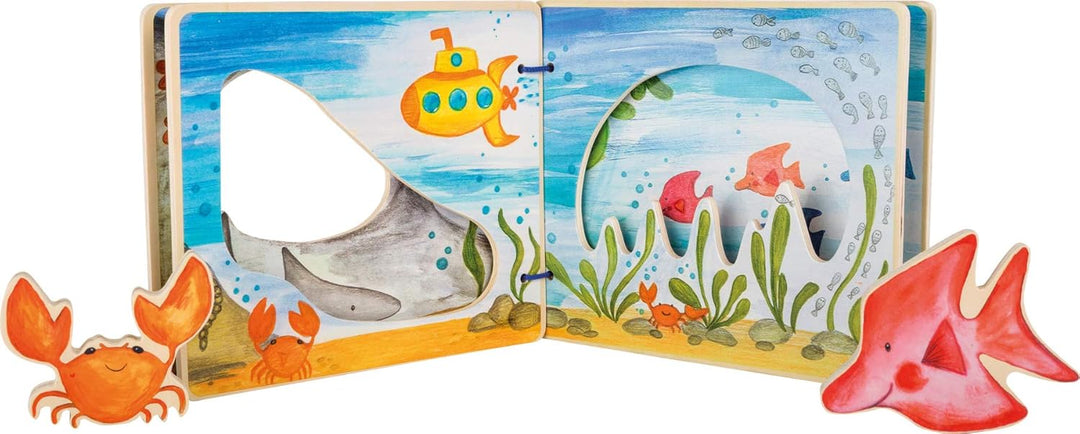 small foot Bilderbuch Unterwasserwelt, interaktives Buch aus Holz für Kinder, mit Krabbe und Fisch,
