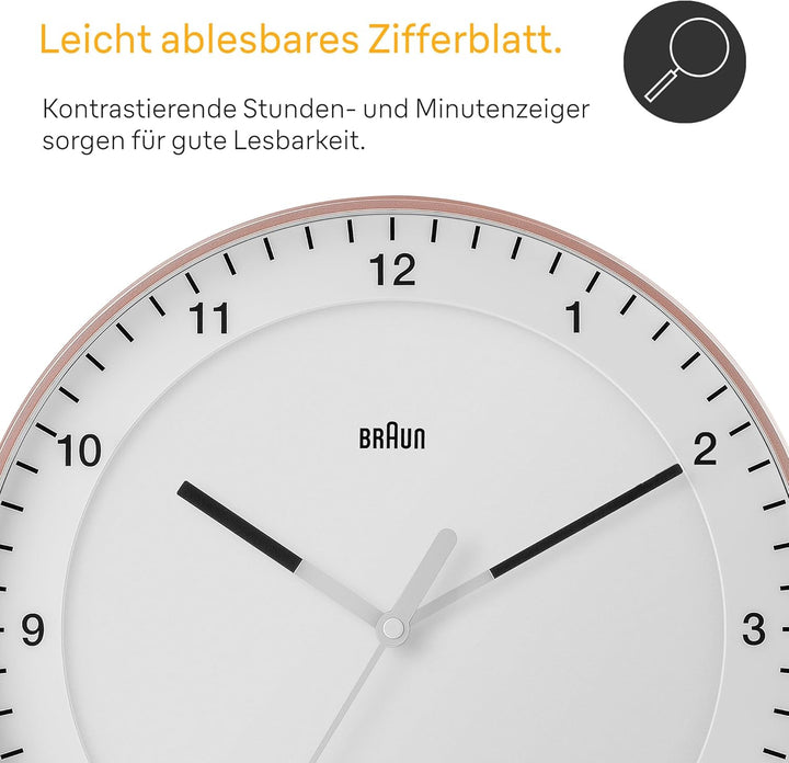 Braun Klassische grosse analoge Wanduhr geräuschlosem Sweep-Uhrwerk, leicht ablesbar, 30 cm Durchmes