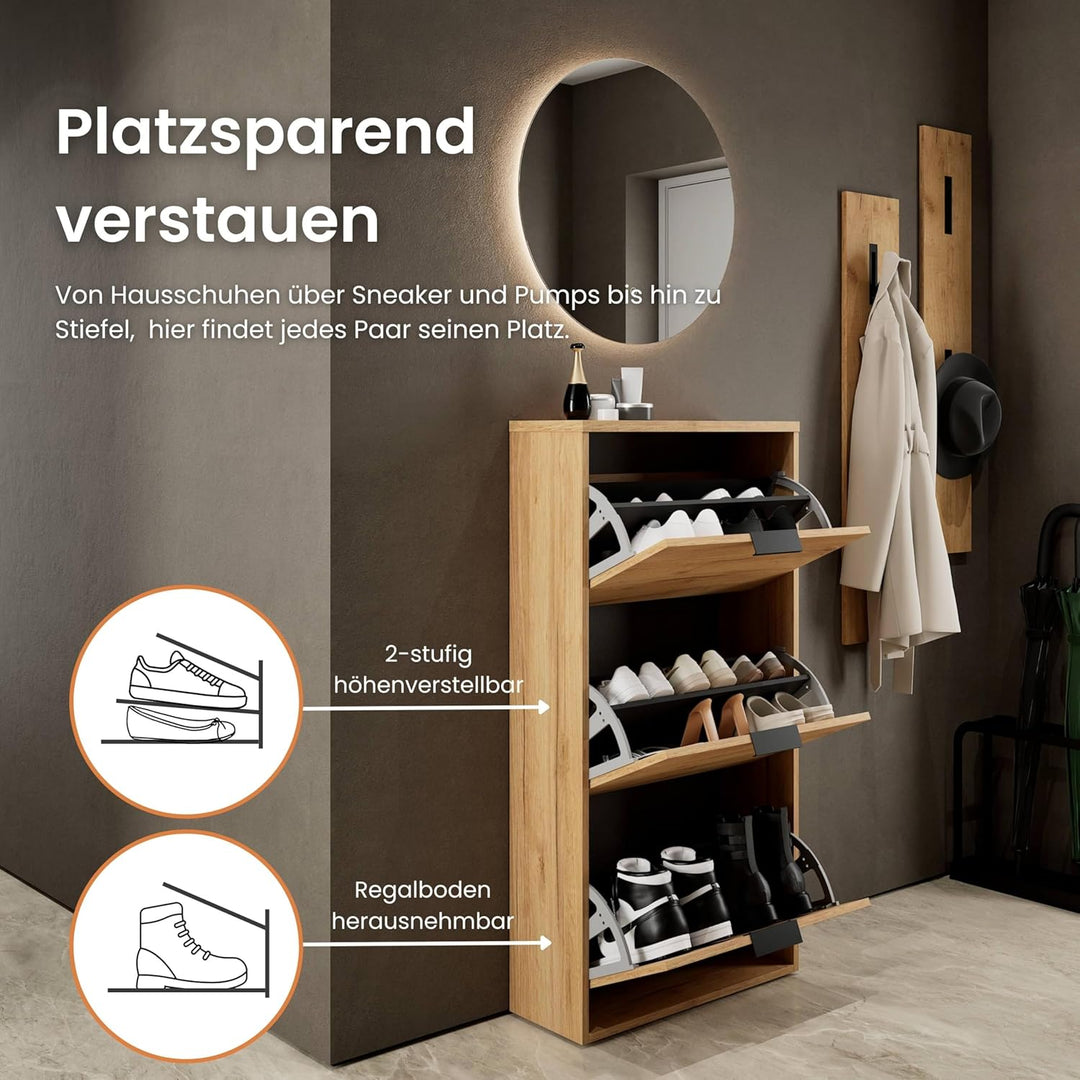 Planetmöbel Schuhschrank schmal mit 3 Klappen platzsparender Schuhregal mit 6 Ablagen, Schuhkommode