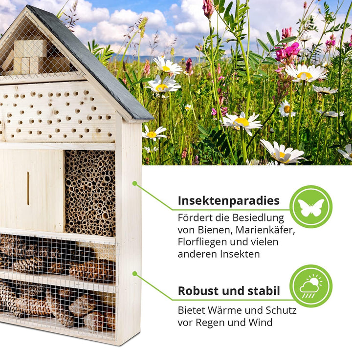 GARTENETAGE Insektenhotel XXL mit Schieferdach/Naturbelassenes, massives Insektenhaus & Bienenhotel/