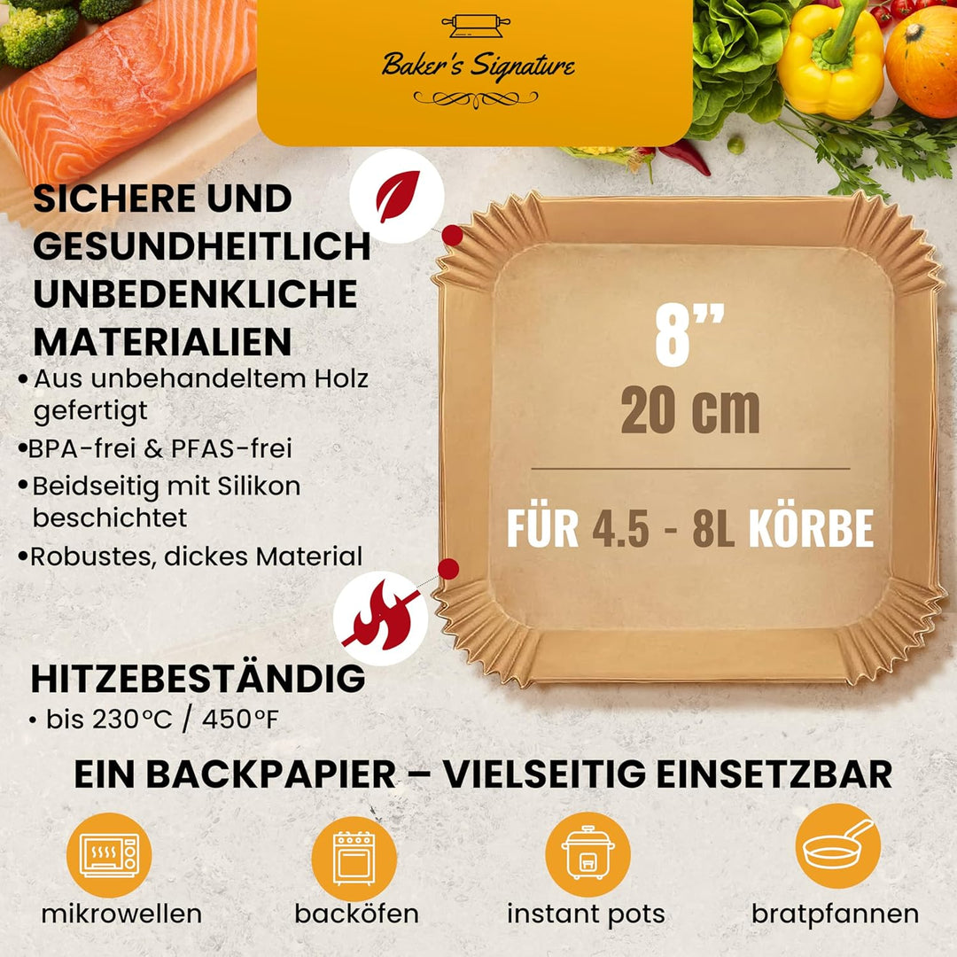 Baker's Signature Backpapier für Heissluftfritteuse, 240 Stück - 20.32cm Quadrat für 5.7-9 L Körbe -
