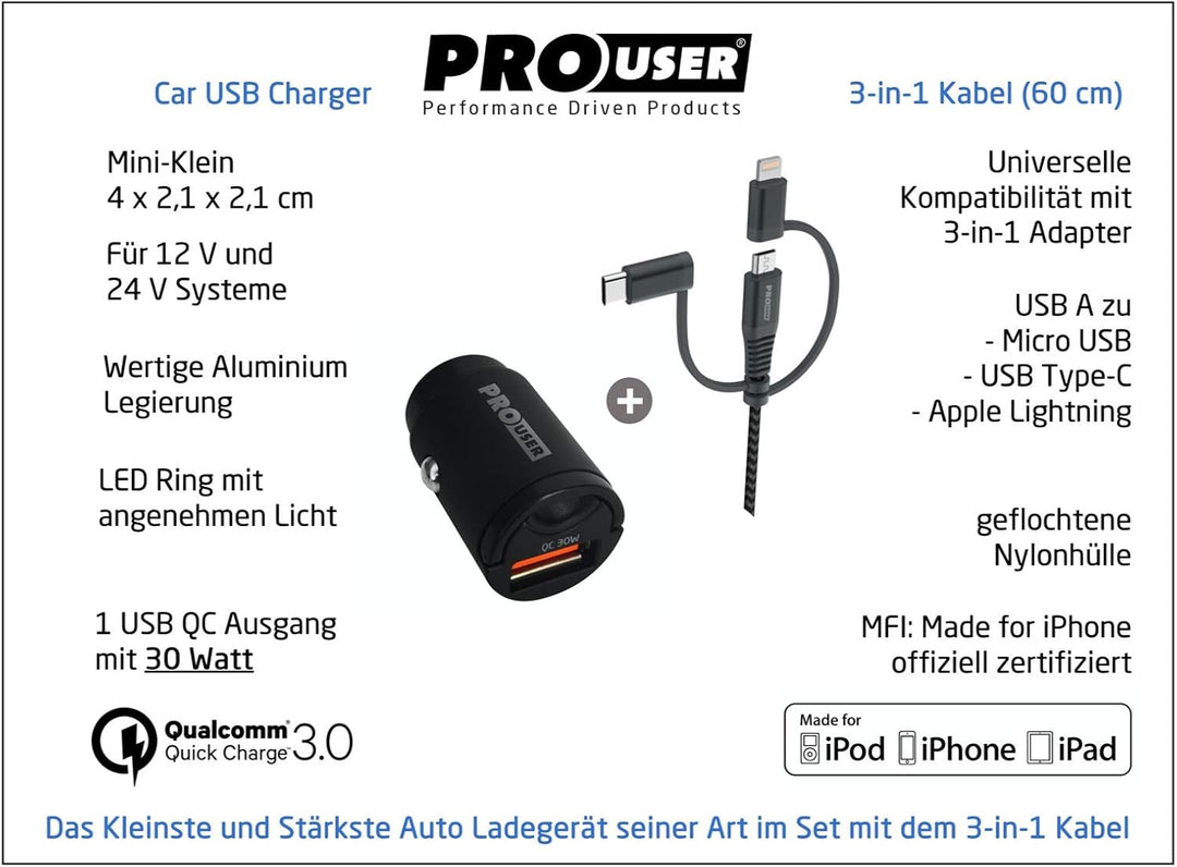 Pro User Set: Car USB Charger 30W + 3-in-1 USB Kabel – USB C- Lightning – Micro USB, das extra klein