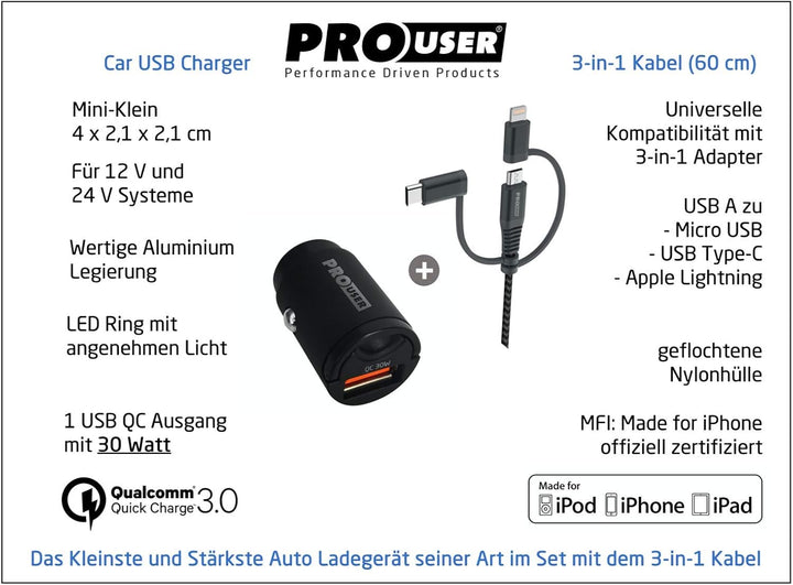 Pro User Set: Car USB Charger 30W + 3-in-1 USB Kabel – USB C- Lightning – Micro USB, das extra klein