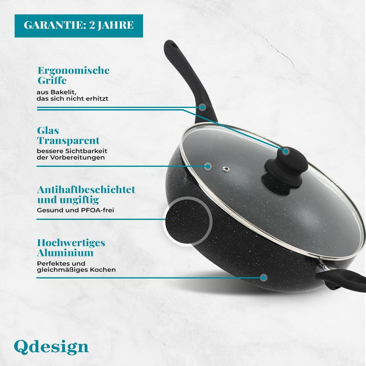 Qdesign BLACKMARBLE+ Wok aus Aluminiumguss mit Super-Antihaftbeschichtung, kratzfest, ohne PFOA - al