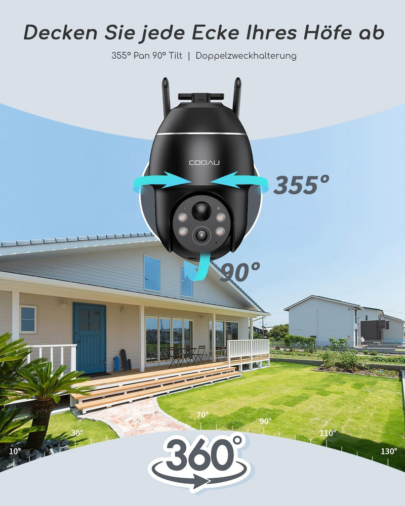 COOAU Überwachungskamera Aussen Solar Akku - Kamera Überwachung Aussen - 2K PTZ 355°/90° Kabellos WL