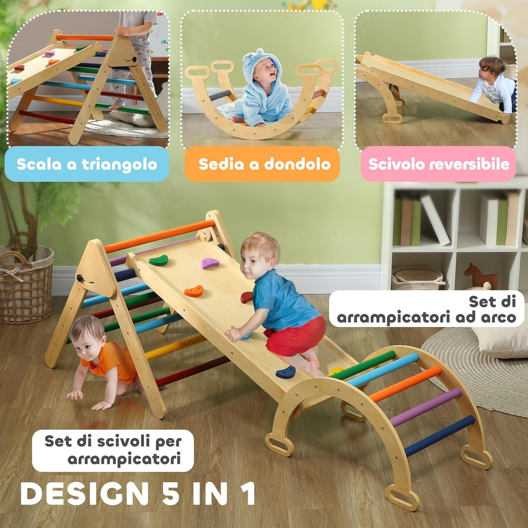 AIYAPLAY 5-in-1 Montessori Klettergerüst Indoor Holz Kletterdreieck mit Kletterbogen, Rutsche Indoor