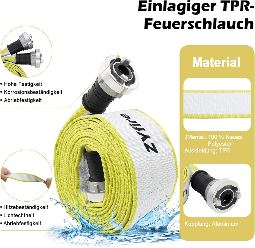 ZYfire Feuerwehrschlauch 75mm x 5m | 3 Zoll Feuerschlauch mit B-Storz Kupplung | flexibler Wassersch