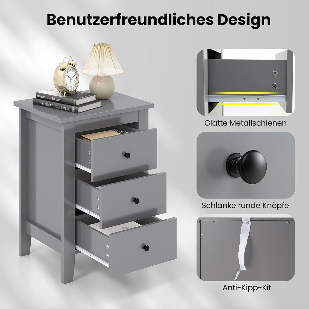 COSTWAY Nachttisch mit 3 Schubladen, Nachtschrank für Boxspringbett, Beistelltisch, Nachtkommode für