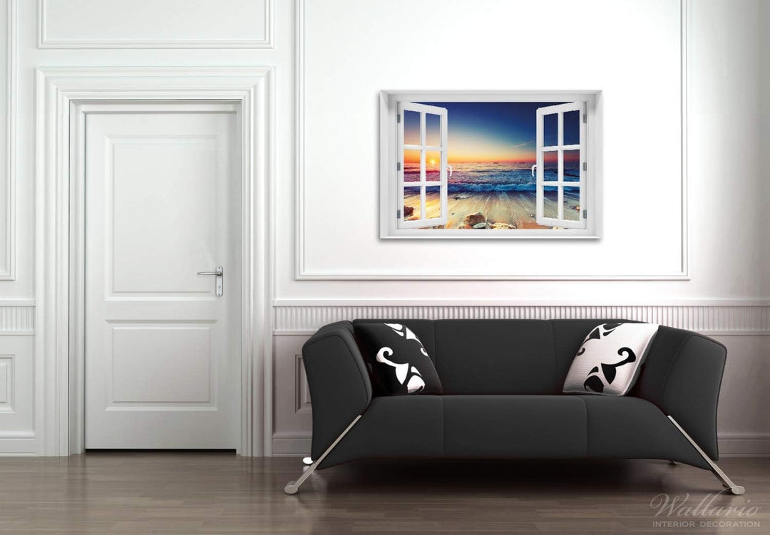Wallario Glasbild 60 x 90 cm mit Fensterrahmen mit Fenster-Illusion: Sonnenuntergang am Meer mit Wel