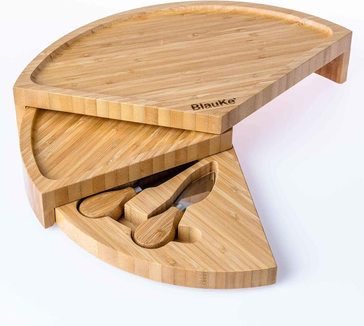 Bambus Käsebrett mit Käsemesser Set – 37cm Rund Servierplatte aus Holz für Käse und Häppchen – Drehp