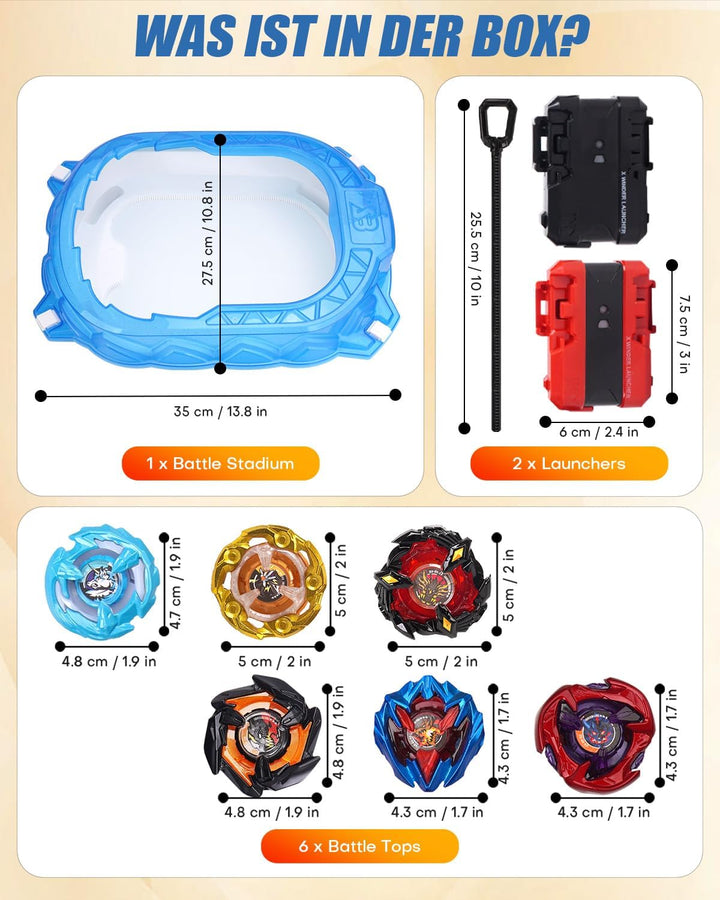 X-Arena Starter-Set – 6 Battle-Tops mit 2 Startern, Beschleunigungsbahn & Schutzdach, Geschenk für J