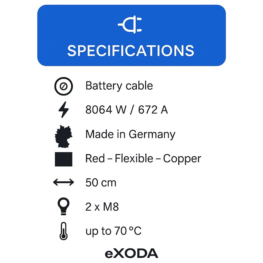 eXODA 50mm² Batteriekabel 50cm M8 Kabelschuhe Rot 99 9% Kupfer max 8064 Watt 672A bei 12V ideal für