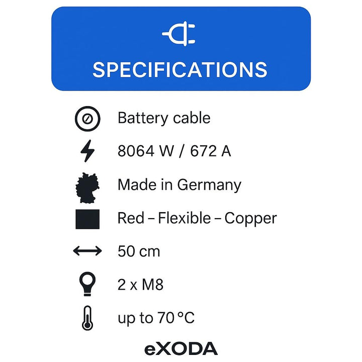 eXODA 50mm² Batteriekabel 50cm M8 Kabelschuhe Rot 99 9% Kupfer max 8064 Watt 672A bei 12V ideal für