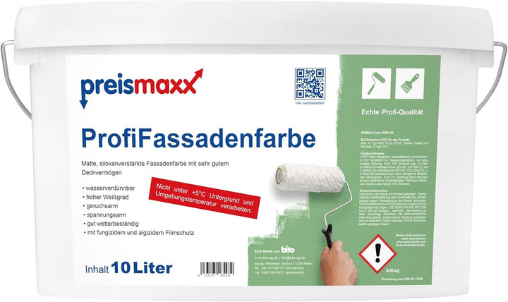 Profi Fassadenfarbe, weiss, 10 Liter, matte, wasserabweisende Aussen-Dispersion, hohe Wasserdampfdur