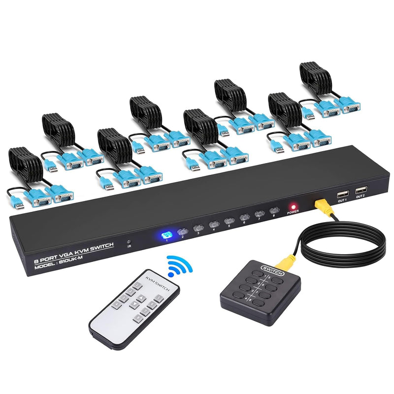 DGODRT VGA KVM Switch 8 Port mit 8 KVM Kabel, USB Umschalter für 8PC Sharing Tastatur, Maus, Drucker