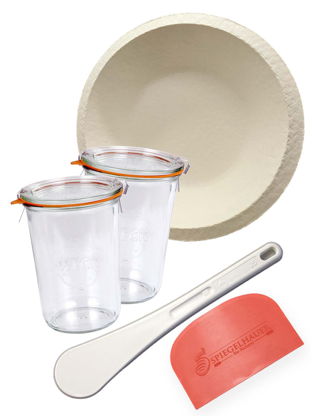 Bäckerei Spiegelhauer Sauerteig-Glas 850 ml 2 Stück mit Gärkorb, Teigschaber, Spatel I Sauerteig Sta