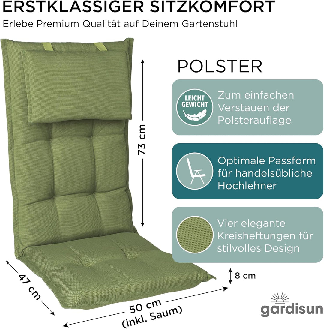 Gartenstuhlauflagen Hochlehner mit Kopfteil I Extra Dicke Sitzauflagen I Made in EU I Polsterauflage