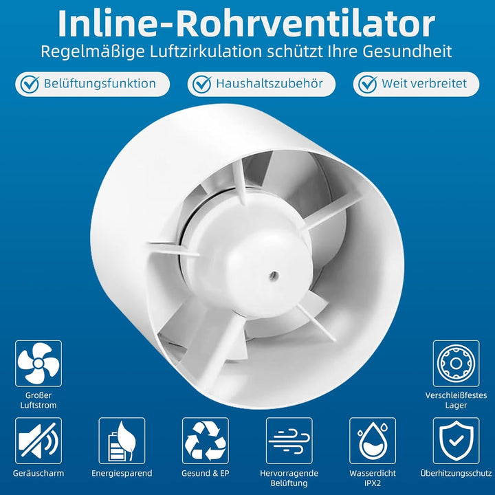 Rohrventilator, Rohrventilator 100mm, 130m³/h, 34dB Leise, Hohe Qualität Abluftventilator, Rohrlüfte
