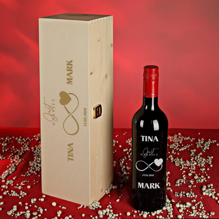 polar-effekt Wein Geschenkset 2-TLG - personalisierte 700 ml Weinflasche und Kiste aus Echtholz - Pa