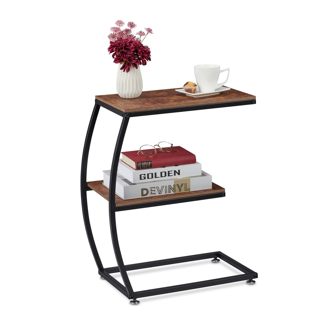 Relaxdays Beistelltisch, 2 Ablagen, C-Form, Industrial Design, Sofatisch Metall & Holzoptik, HBT: 57
