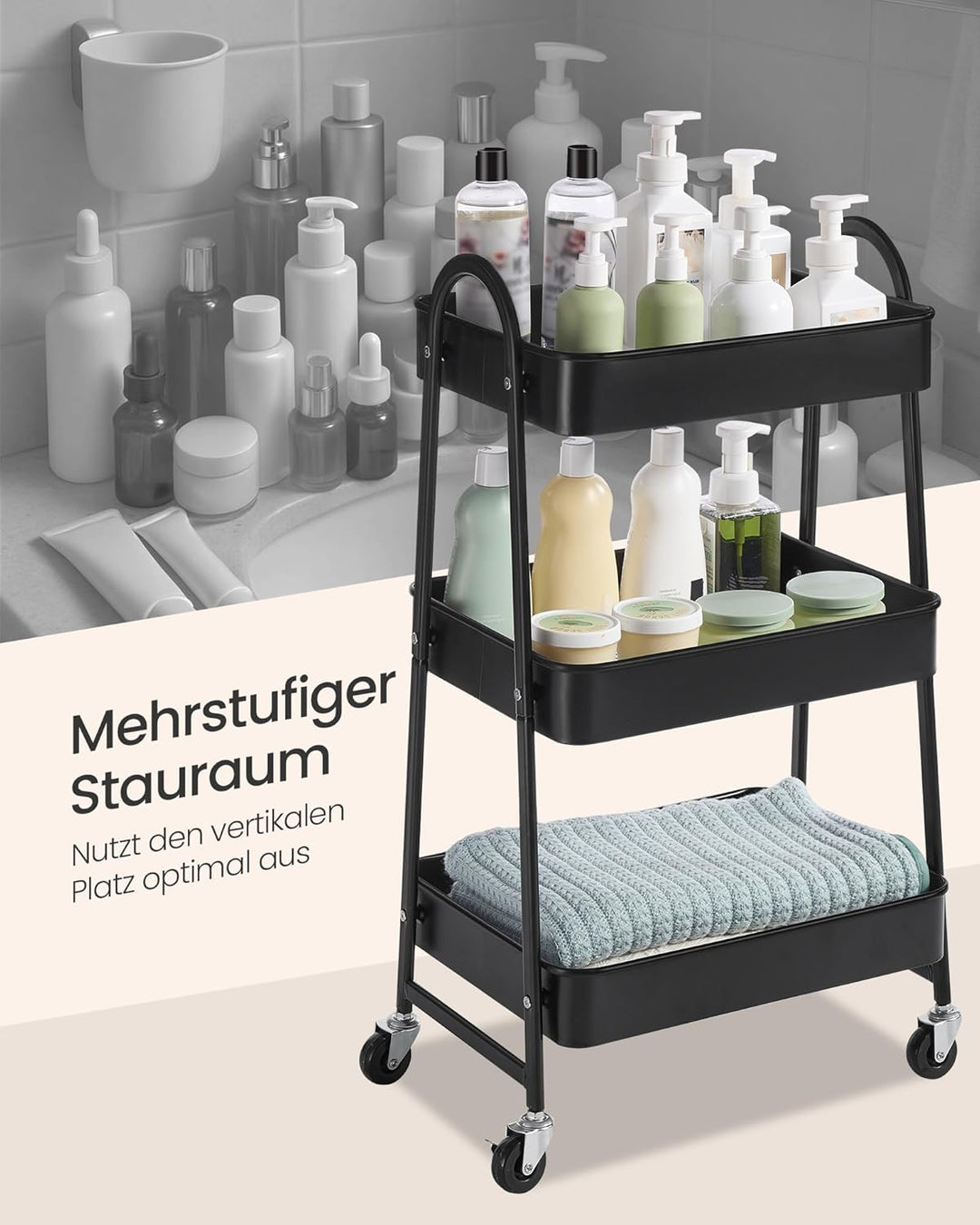 SONGMICS Rollwagen mit 3 Ebenen, Servierwagen aus Metall, Küchenwagen, Küchenregal mit Griffen, 2 Br