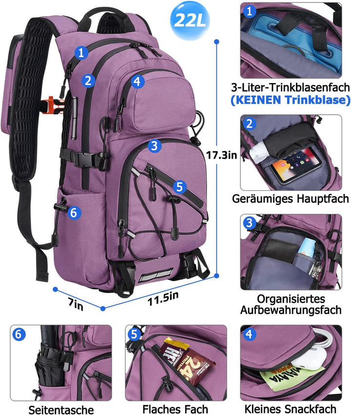 22L Wanderrucksack Herren Damen, Klein Rucksack Leicht Reiserucksack mit Telefonhalter, Trekkingruck