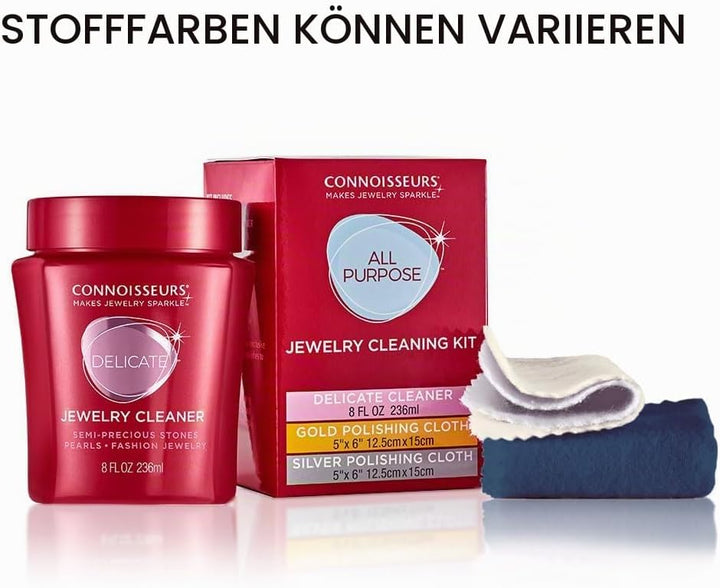 Connoisseurs Silberputzmittel Schmuckreinigungsset | Schmuckreiniger mit Gold- &amp; Silberpoliertuch |