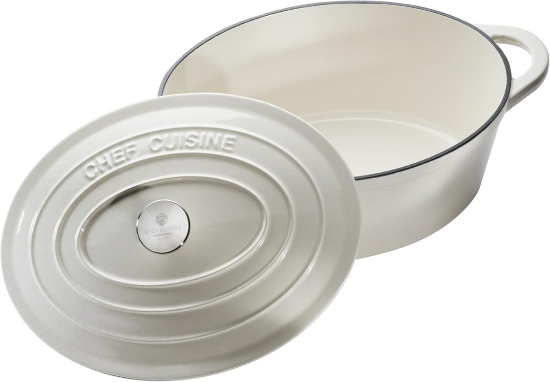 CHEF CUISINE Bräter Gusseisen mit Deckel, Oval gross, 6,7 L, Induktionsgeeignet, Antihafteffekt, gee