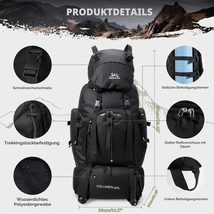 Wanderrucksack Herren Damen 90L Trekkingrucksack Reiserucksack Grosser Wasserdicht Wandern Rucksack