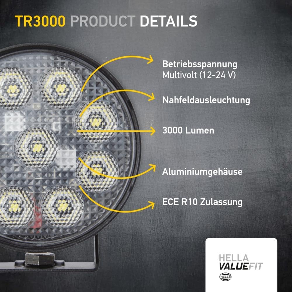 HELLA - LED-Arbeitsscheinwerfer - Valuefit TR3000 - 12/24V - 3000lm - Anbau/geschraubt - schwenkbare