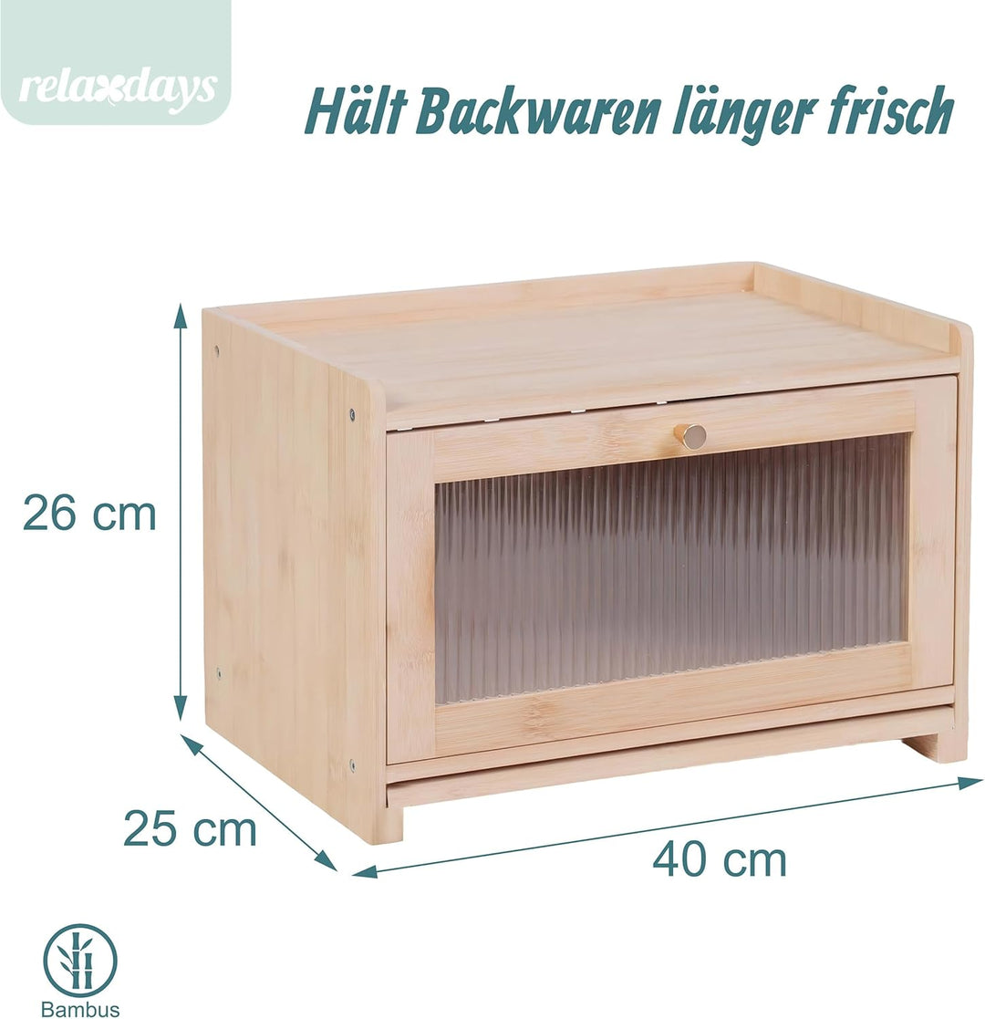 Relaxdays Brotkasten, Bambus, Schneidebrett, Ablage, Luftlöcher, Sichtfenster, HxBxT: 26 x 40 x 25 c