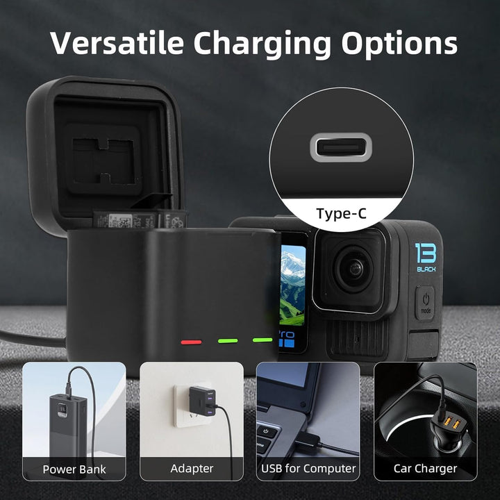 Akku-Ladegerät für Go Pro Hero 13 Black, Triple Slot USB-Ladekoffer mit Type-C Kabel Akkus Tragetasc