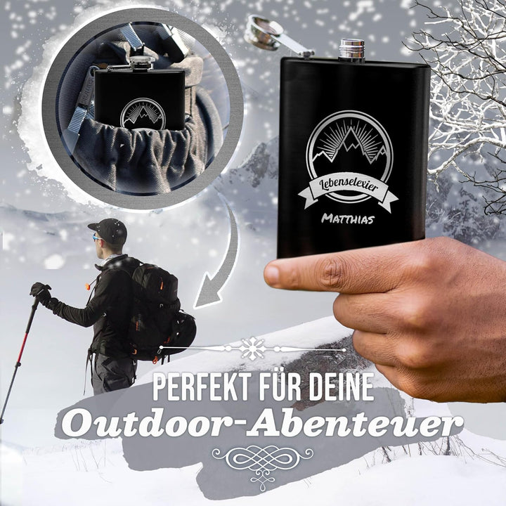 Flachmann mit Gravur aus Edelstahl selbst gestalten - Lebenselexier - mit Name gravieren - Geschenk