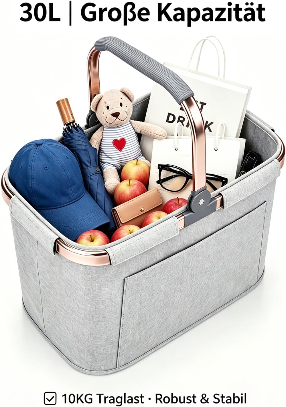 30L Einkaufskorb Faltbar Stabil Gross Tragekorb Picknickkorb Klappkorb Einkaufstasche mit Aluminiumg