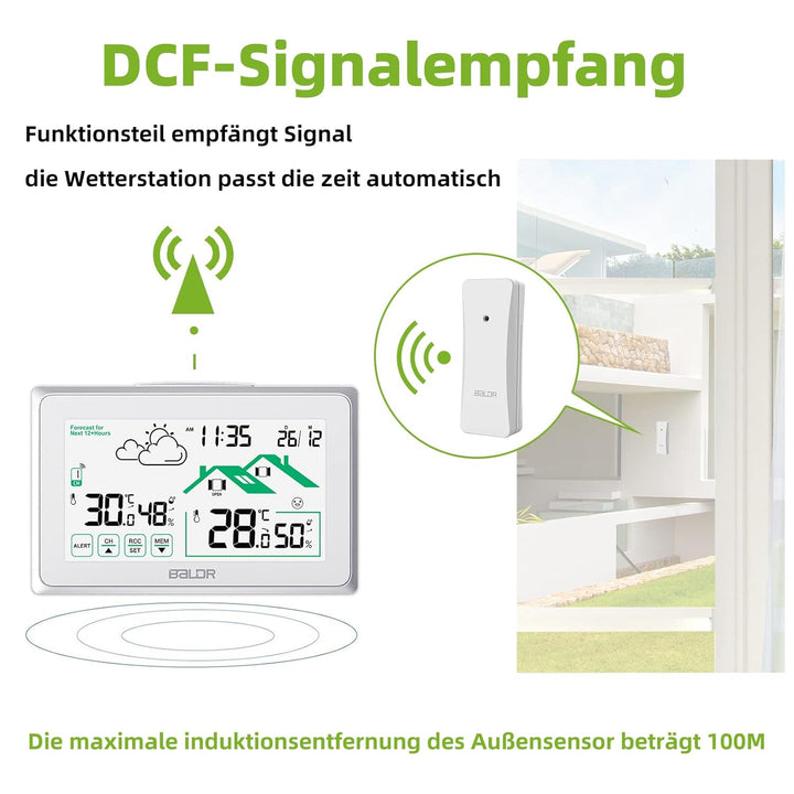 BALDR Wetterstation Funk mit Aussensensor, Digital DCF-Funkuhr mit Wettervorhersage, Lüftungsempfehl