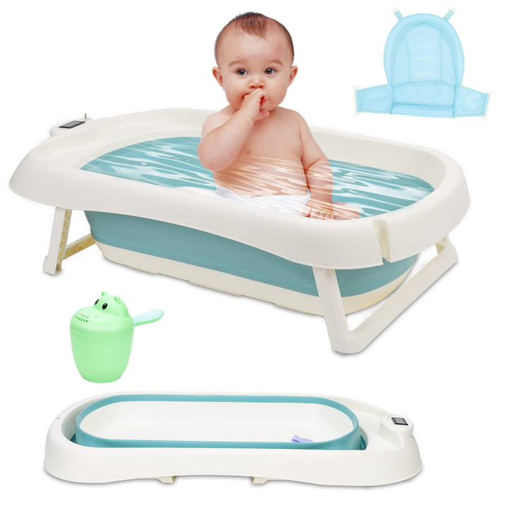 50L Baby Badewanne mit Anti Stütze und Echtzeit-Temperaturmessung, Faltbare Babywanne für Babys 0-6