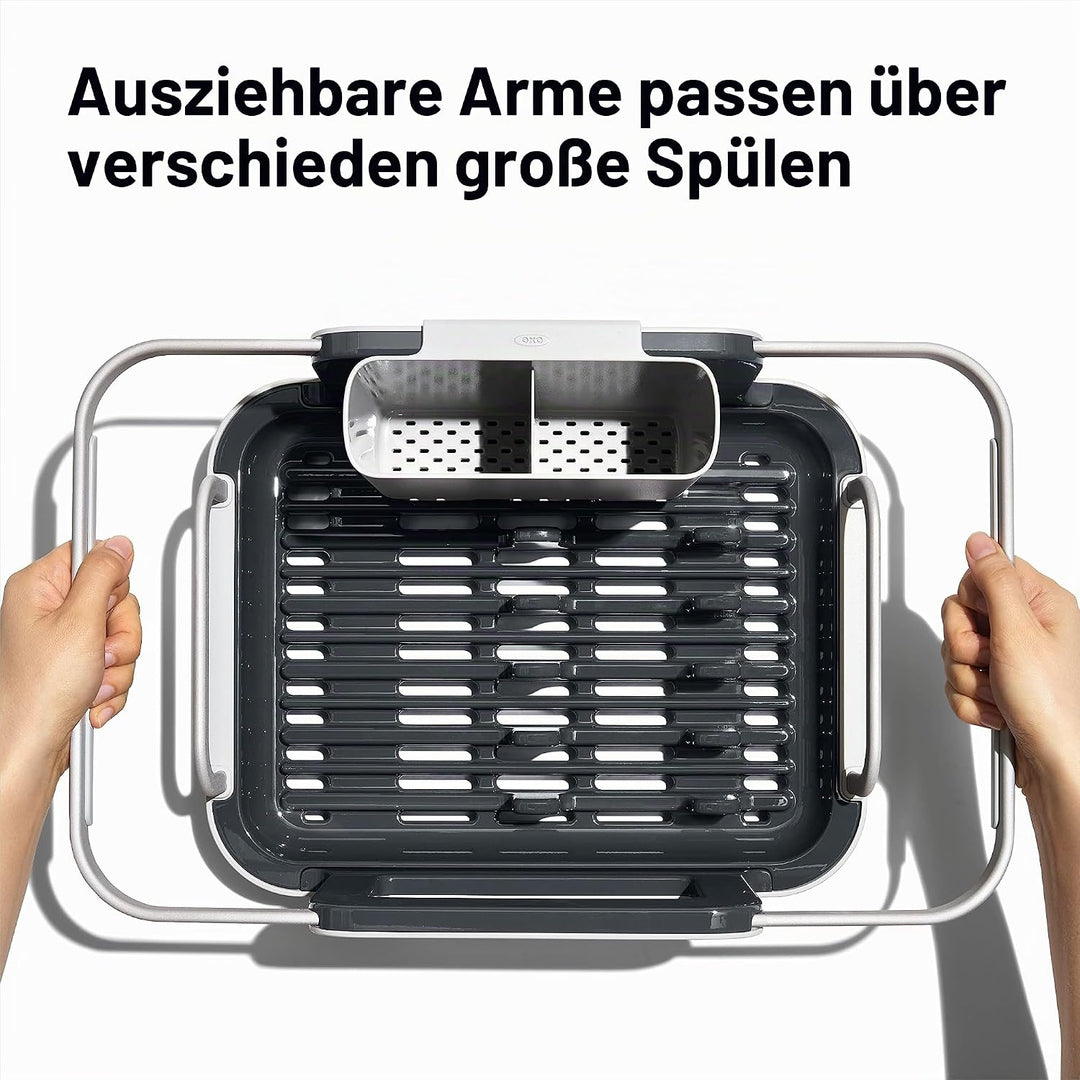 OXO Good Grips Ausziehbares Aluminium-Geschirrgestell für die Spüle, Abtropfgestell für Spülbecken,