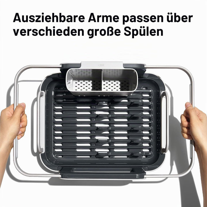 OXO Good Grips Ausziehbares Aluminium-Geschirrgestell für die Spüle, Abtropfgestell für Spülbecken,