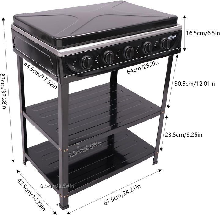 Gasherd 5 Flammen 2 5KW Propan Gaskochfeld Freistehend Outdoor Camping Kochfeld mit Ablageflächen un